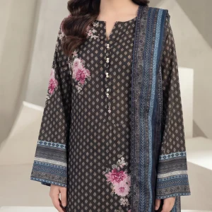 Close-up of black lawn shirt neckline featuring pearl button placket and pink floral print.