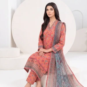 orange 3-piece printed lawn suit