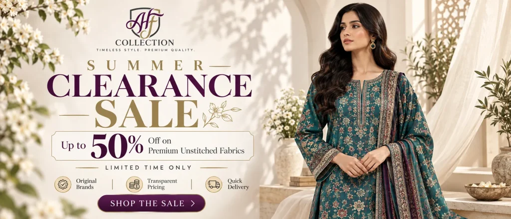AHF Collection Summer Clearance Sale premium unstitched fabrics desktop banner