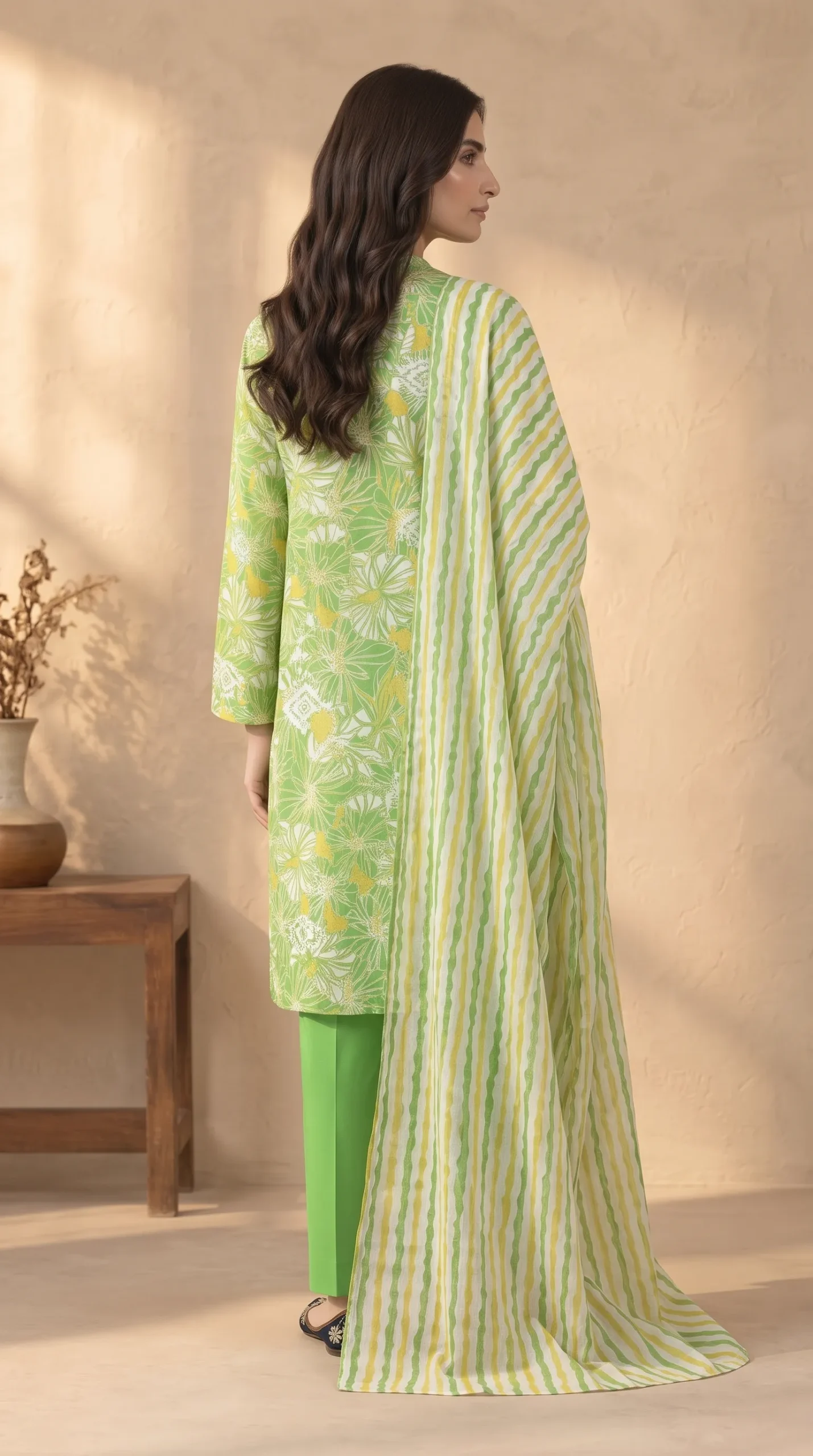 Bareeze light green embroidered 3-piece printed lawn suit back view