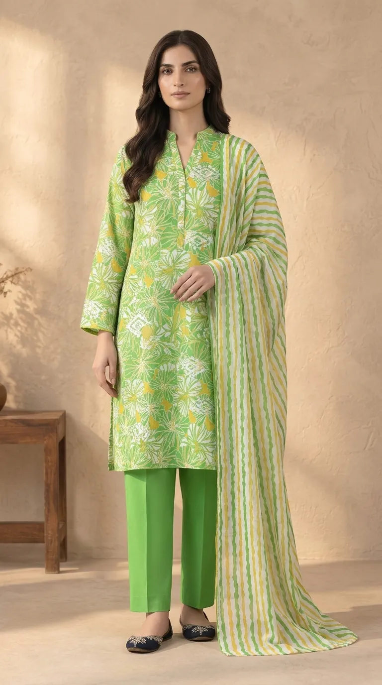 bareeze light green embroidered 3-piece printed lawn suit