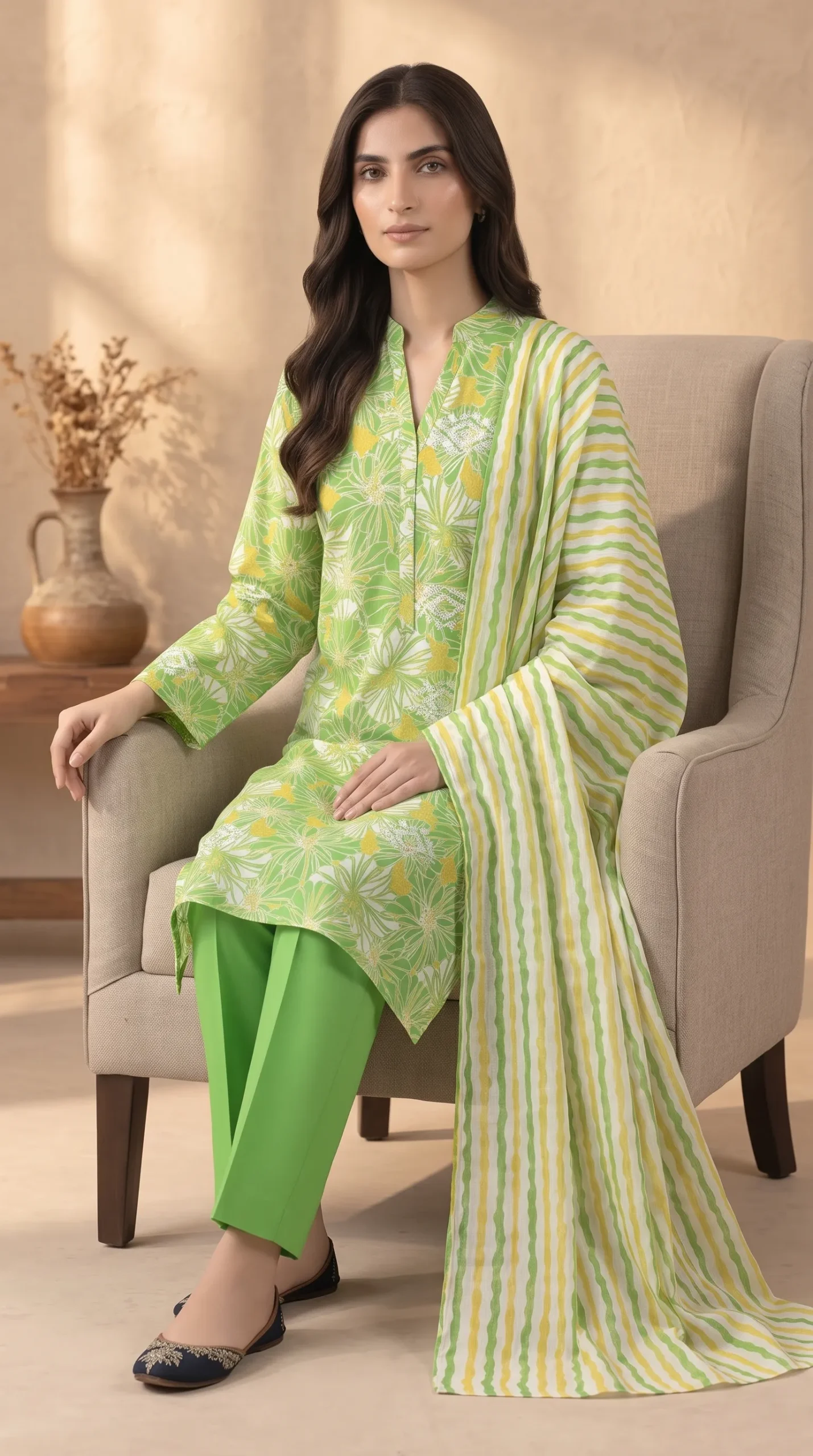 Model seated in Bareeze light green embroidered 3-piece printed lawn suit