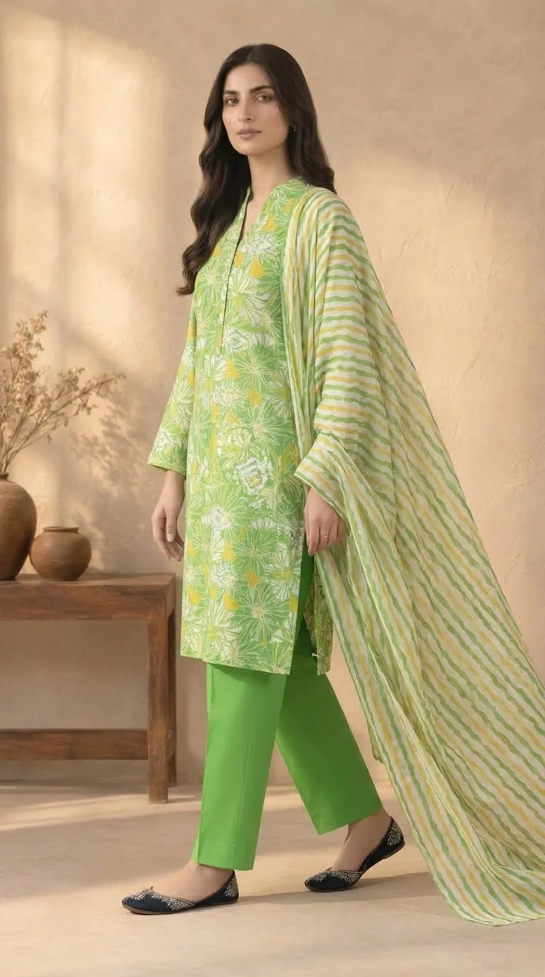 Bareeze light green embroidered 3-piece printed lawn suit side view