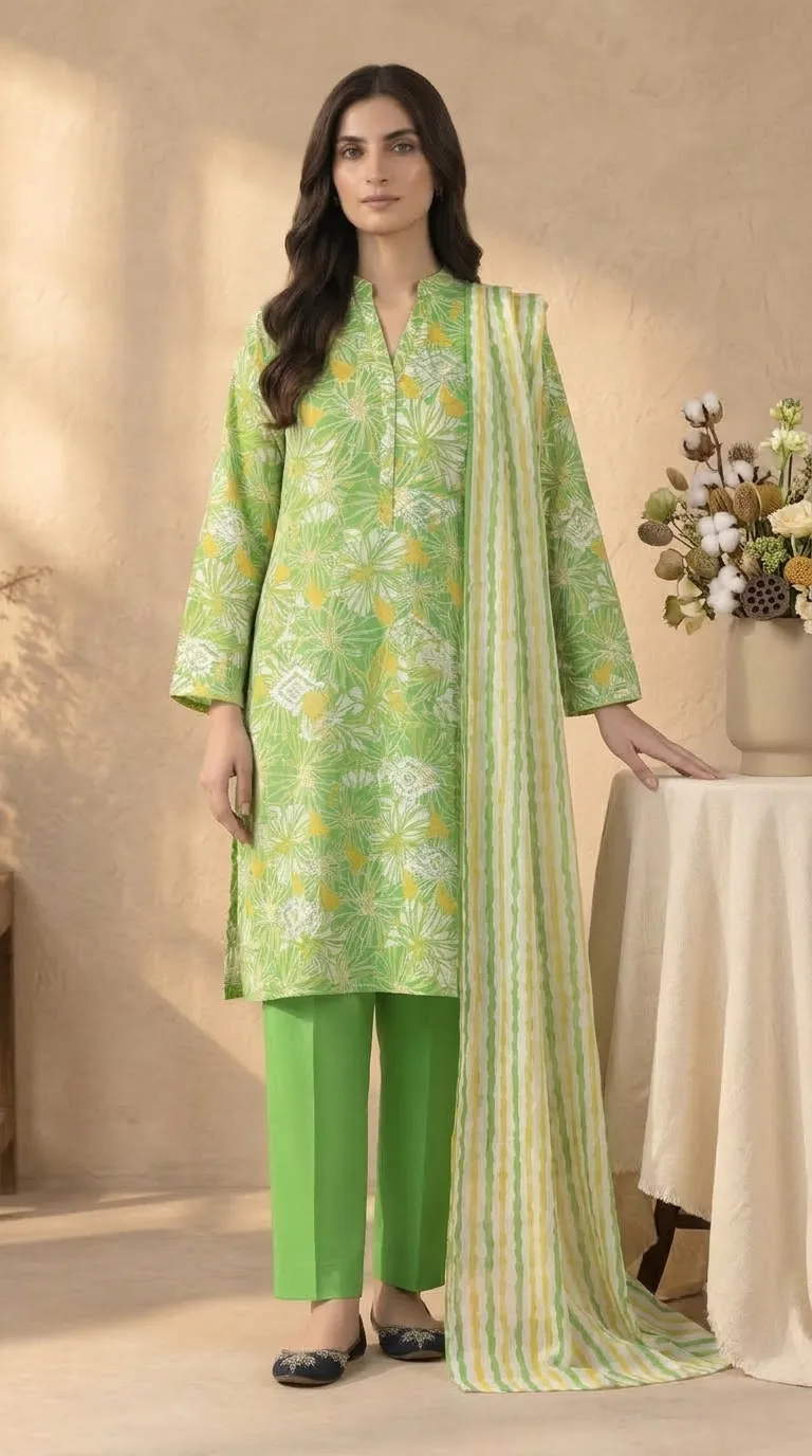 Model standing in Bareeze light green embroidered 3-piece printed lawn suit