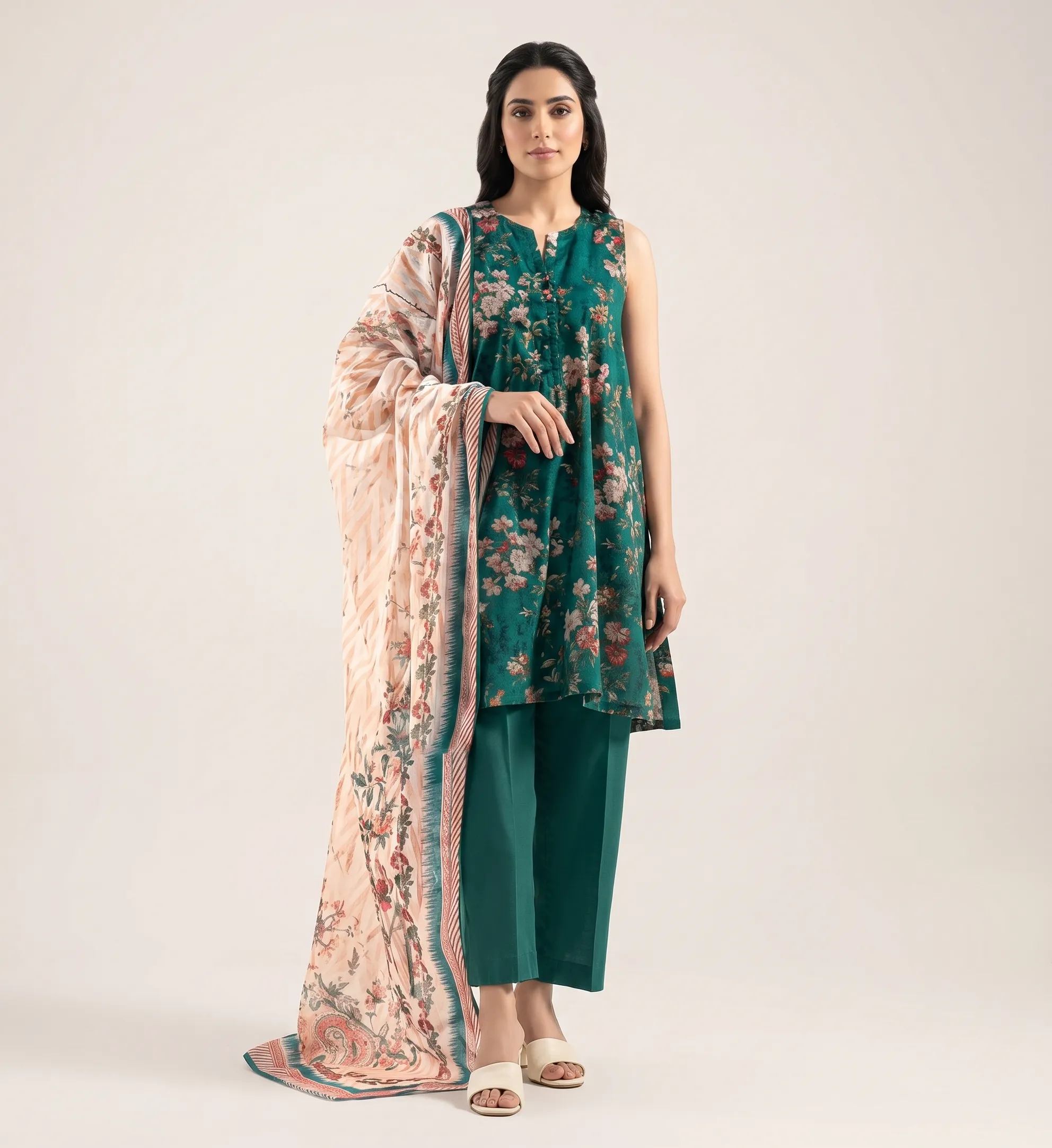 Emerald green floral 3-piece printed lawn suit front view