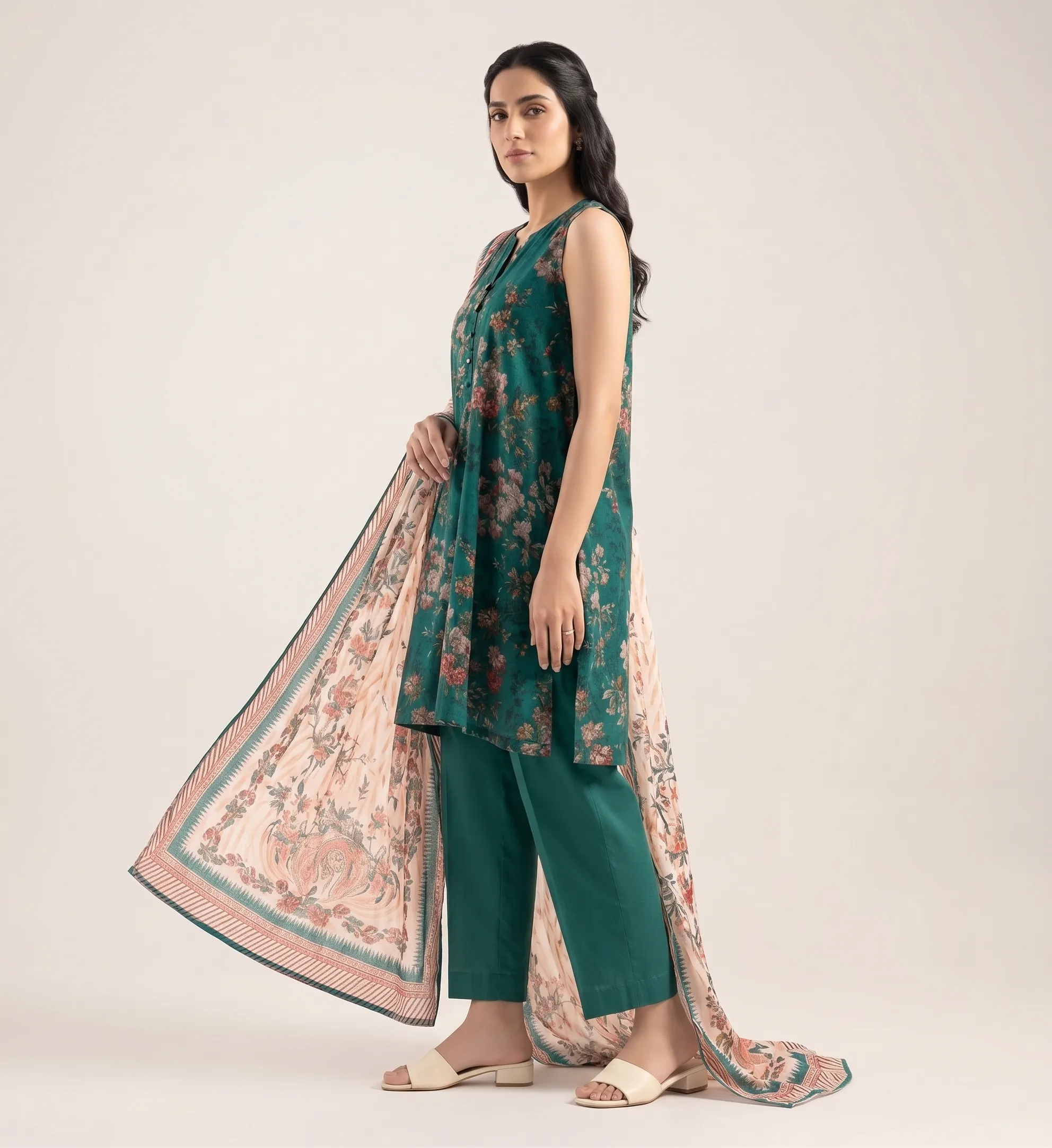 emerald green floral 3-piece printed lawn suit