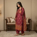 Red 3-piece printed lawn suit front view - Limelight at AHF Collection