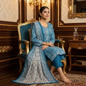 blue 3-piece printed lawn suit