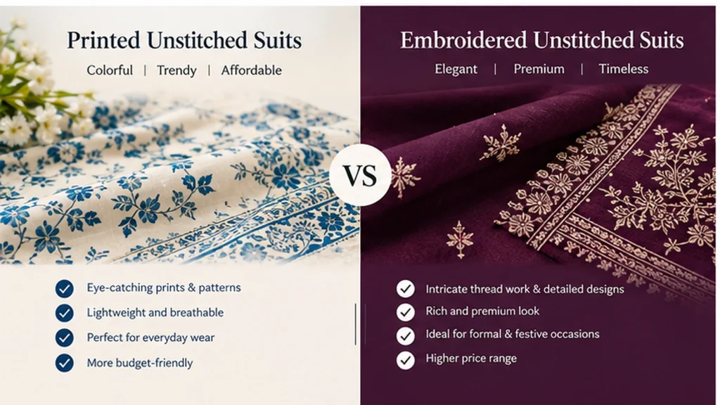 Printed vs embroidered unstitched suits comparison