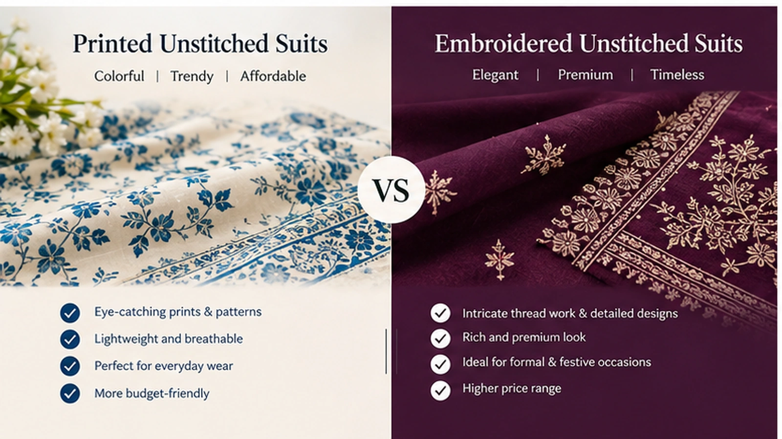 Printed vs embroidered unstitched suits