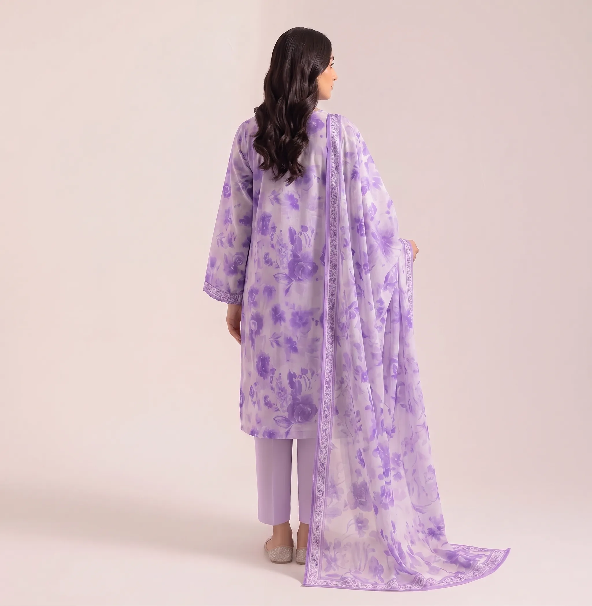 Purple floral 3-piece printed lawn suit back view