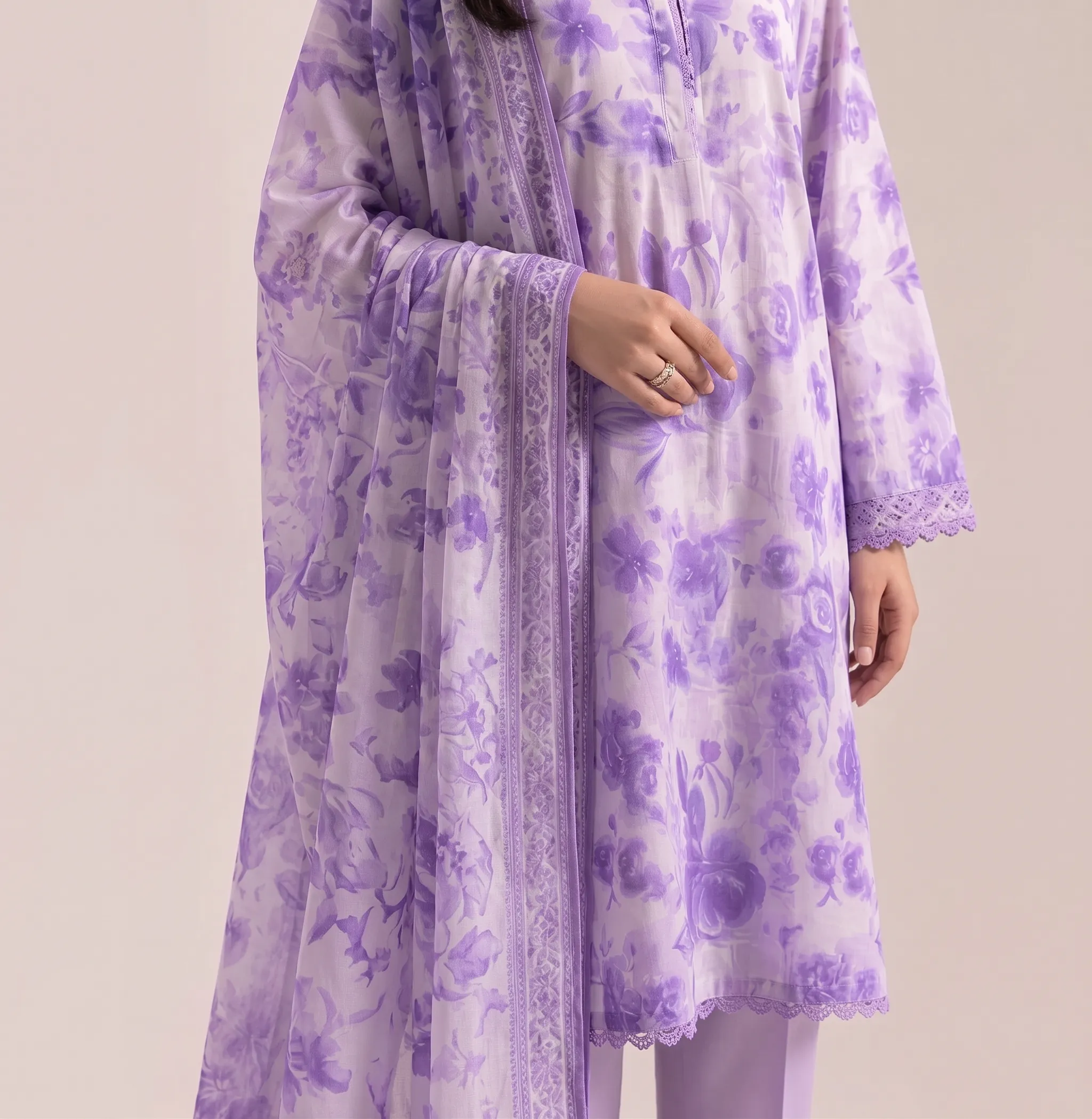 Purple floral 3-piece printed lawn suit dupatta detail