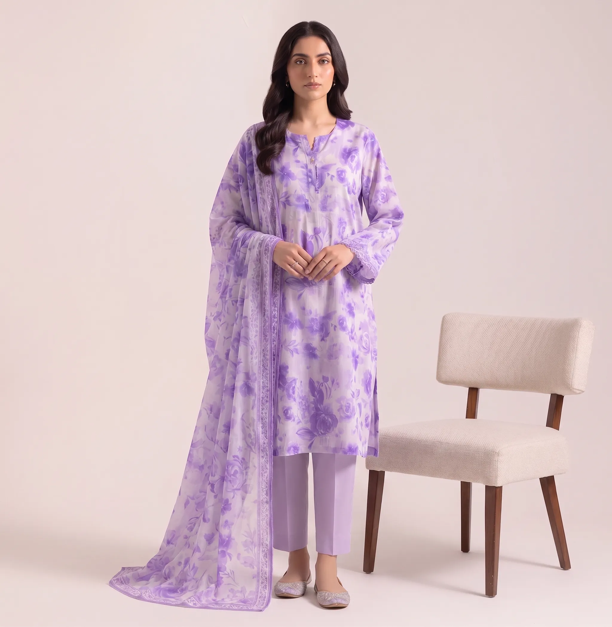 Purple floral 3-piece printed lawn suit front view