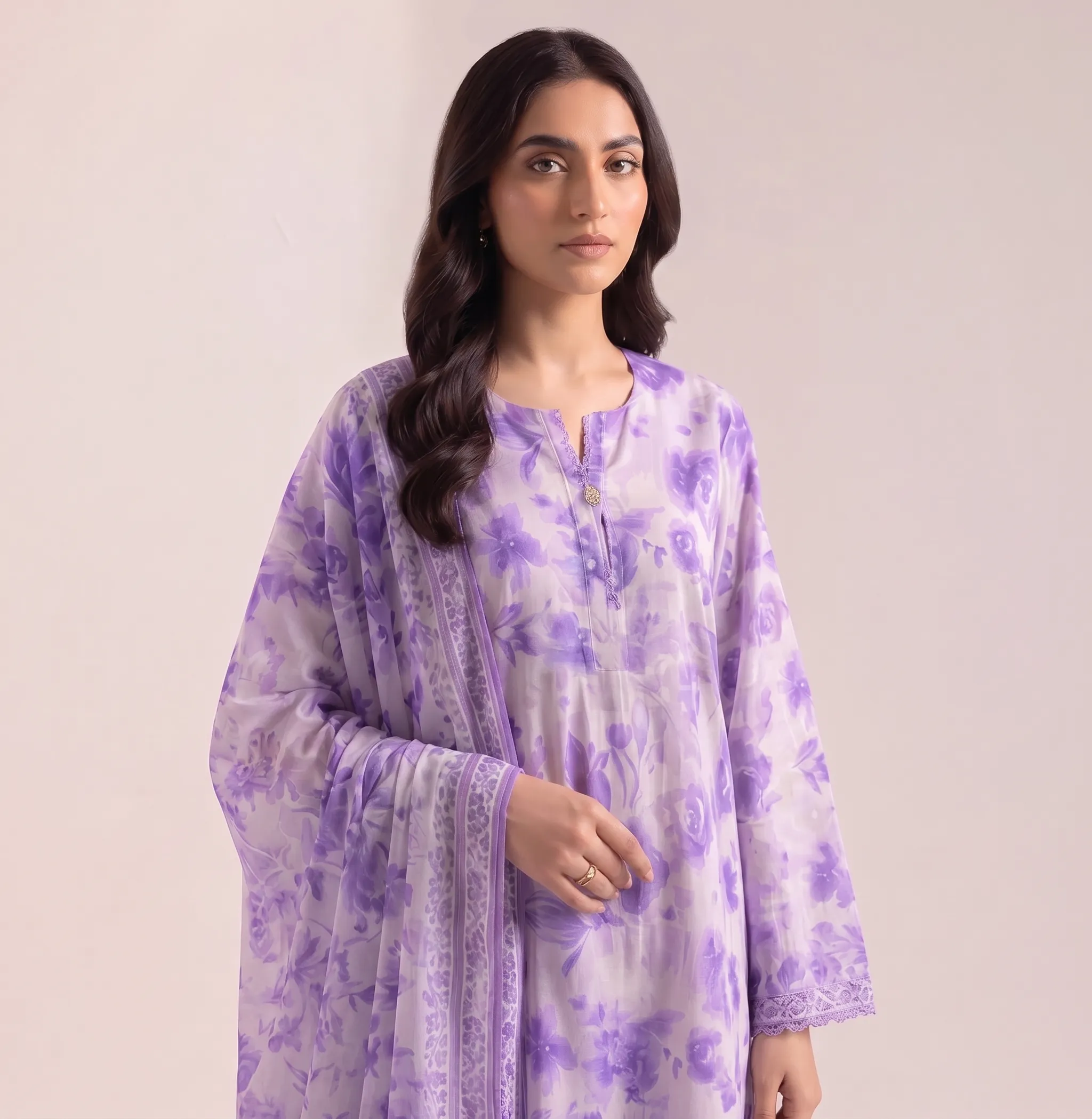 purple floral 3-piece printed lawn suit
