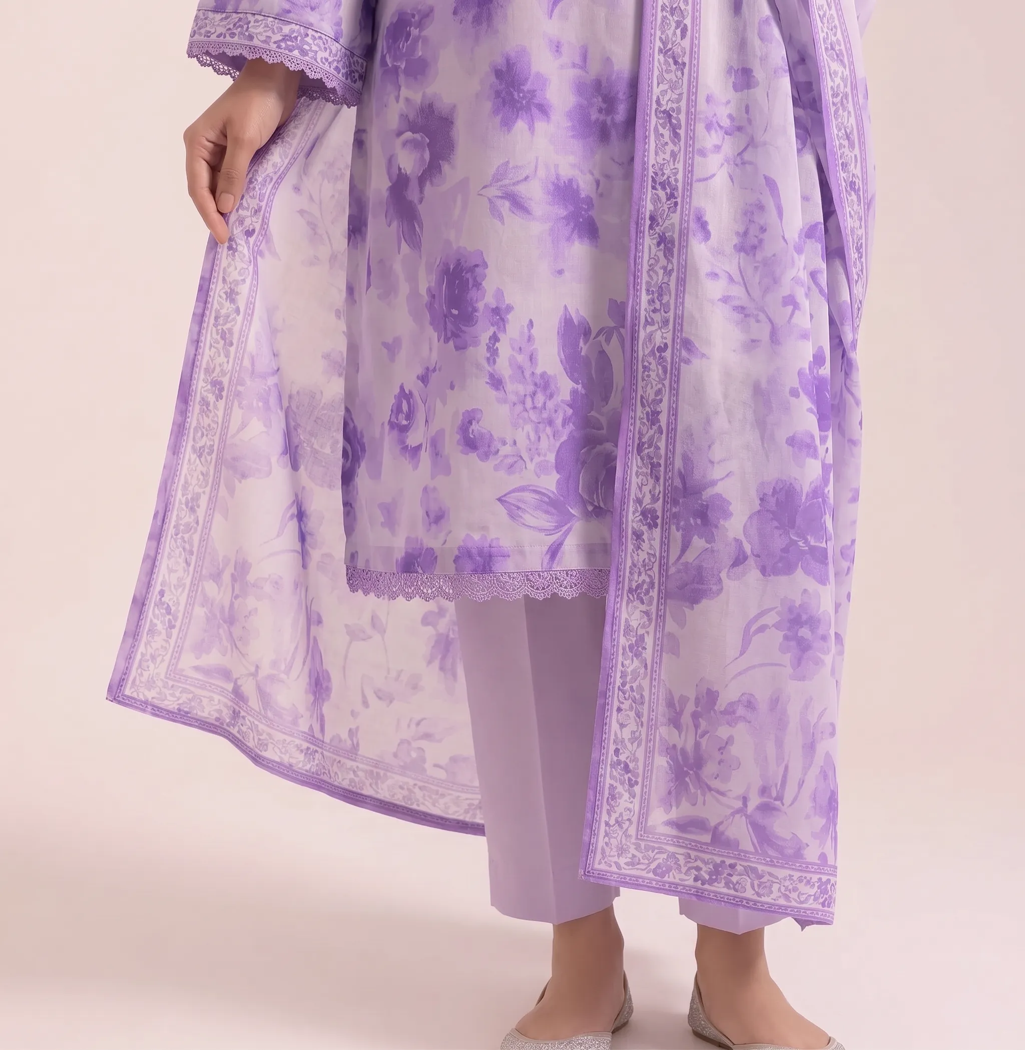Purple floral 3-piece printed lawn suit trouser detail