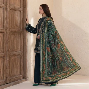 Bottle green 3-piece embroidered suit front view - Safa Noor at AHF Collection