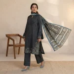 Charcoal grey 3-piece embroidered suit front view - Safa Noor at AHF Collection