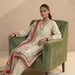 Ivory 3-piece embroidered suit front view - Safa Noor at AHF Collection