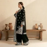 Jet black 3-piece embroidered suit front view - Safa Noor at AHF Collection