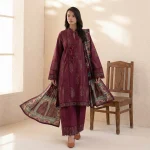 Maroon 3-piece embroidered suit front view - Safa Noor at AHF Collection