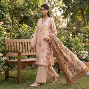 Peach 3-piece embroidered suit front view - Safa Noor at AHF Collection