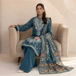 Steel blue 3-piece embroidered suit front view - Safa Noor at AHF Collection