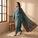 Teal 3-piece embroidered suit front view - Safa Noor at AHF Collection