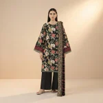 Close-up of the Sapphire black 3-piece printed lawn suit fabric print - AHF Collection