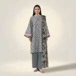 Sapphire grey 3-piece printed lawn suit front view - AHF Collection