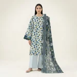 Sapphire ice blue 3-piece printed lawn suit front view - AHF Collection