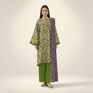 Sapphire olive green 3-piece printed lawn suit front view - AHF Collection