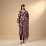 Sapphire plum 3-piece printed lawn suit front view - AHF Collection