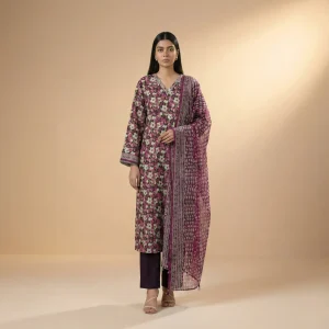 Sapphire plum 3-piece printed lawn suit front view - AHF Collection