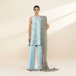 Sapphire sky blue 3-piece printed lawn suit front view - AHF Collection