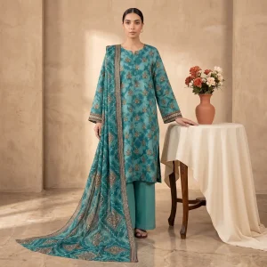 Teal green embroidered 3-piece printed lawn suit front view