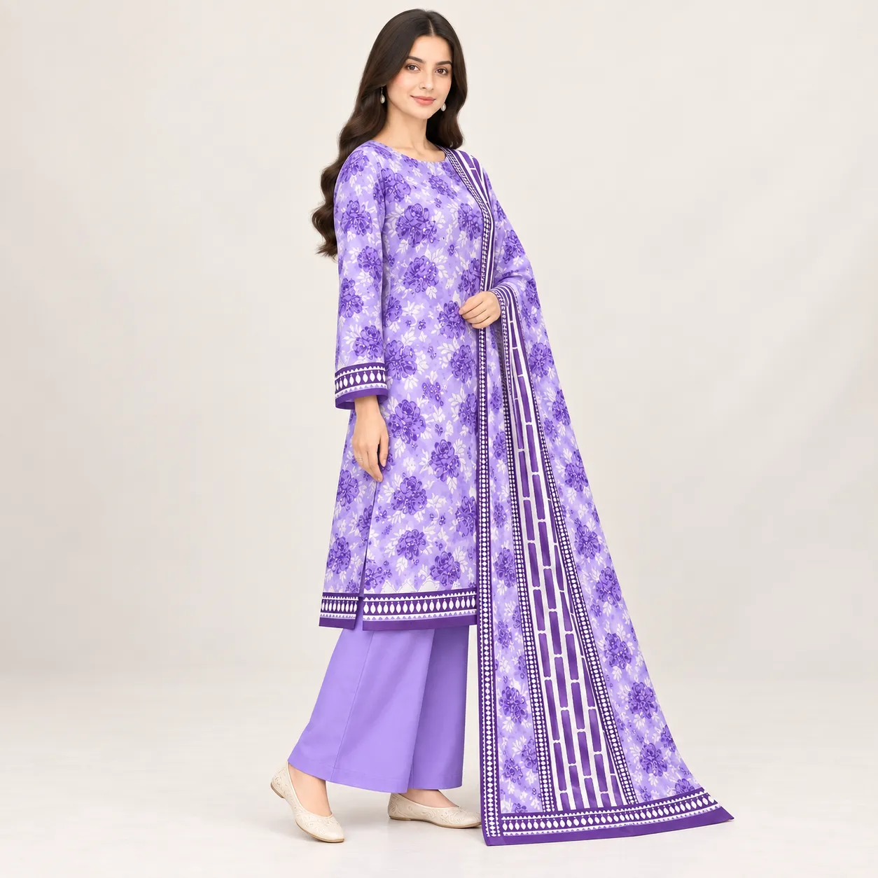 Zesh lavender purple 3-piece printed lawn suit angled view