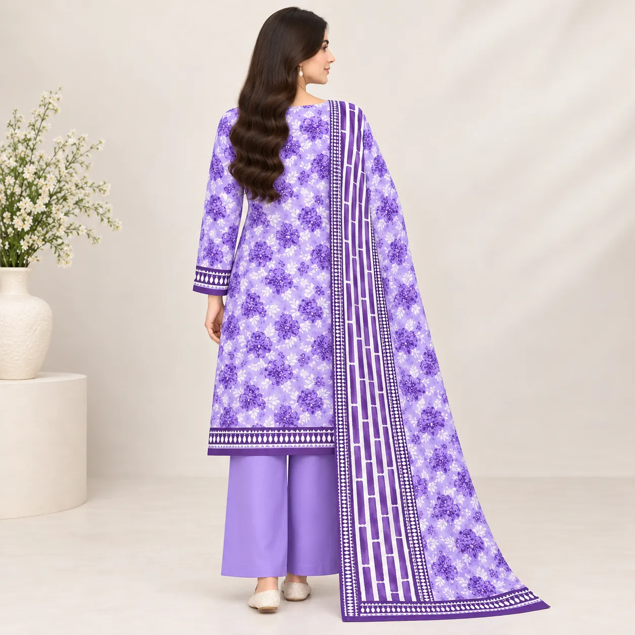 Zesh lavender purple 3-piece printed lawn suit back view
