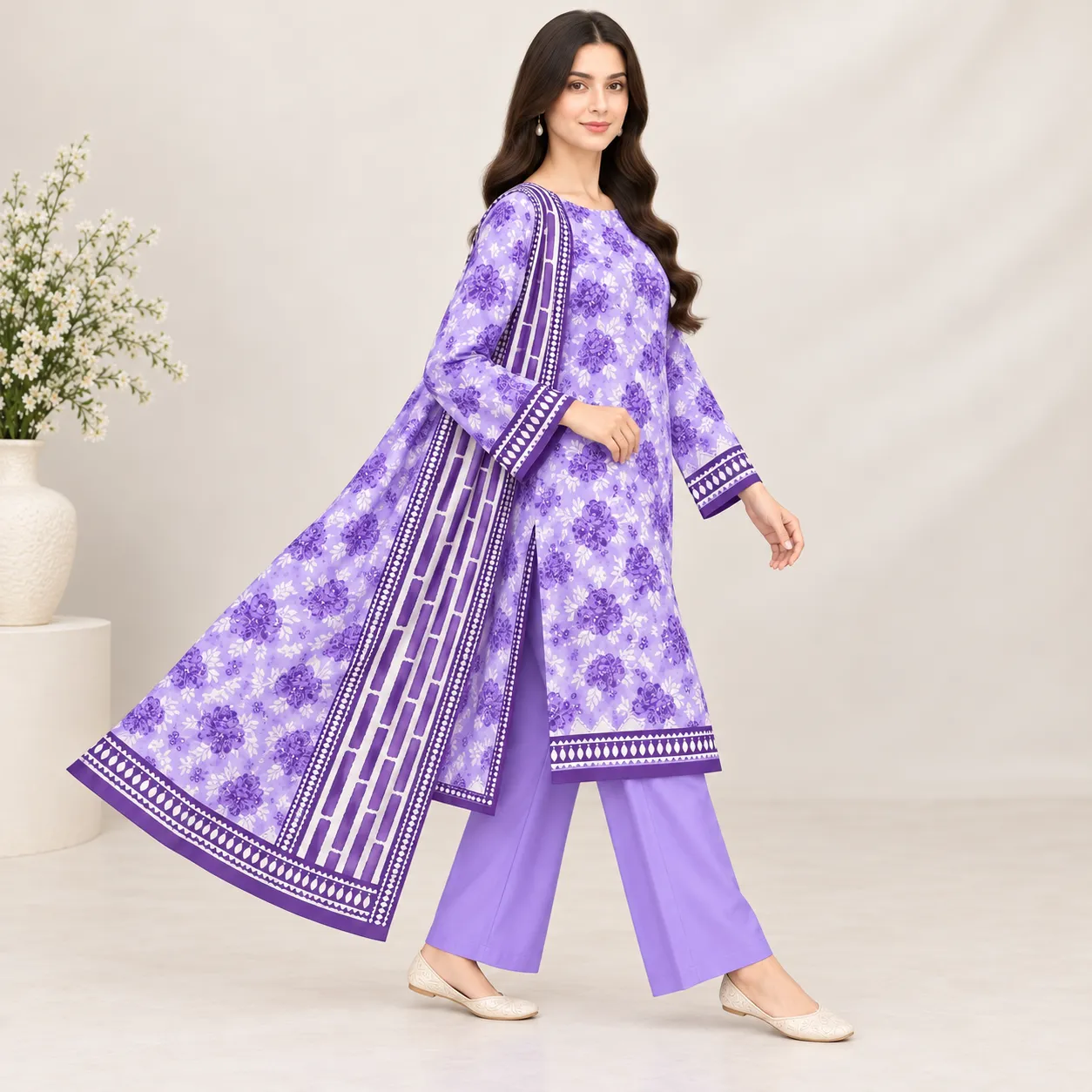 Model walking in Zesh lavender purple 3-piece printed lawn suit