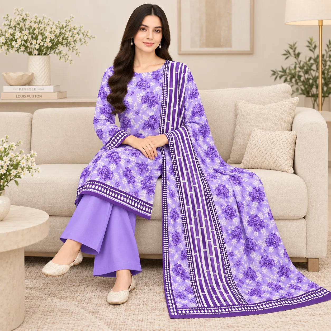 Model seated on sofa in Zesh lavender purple 3-piece printed lawn suit