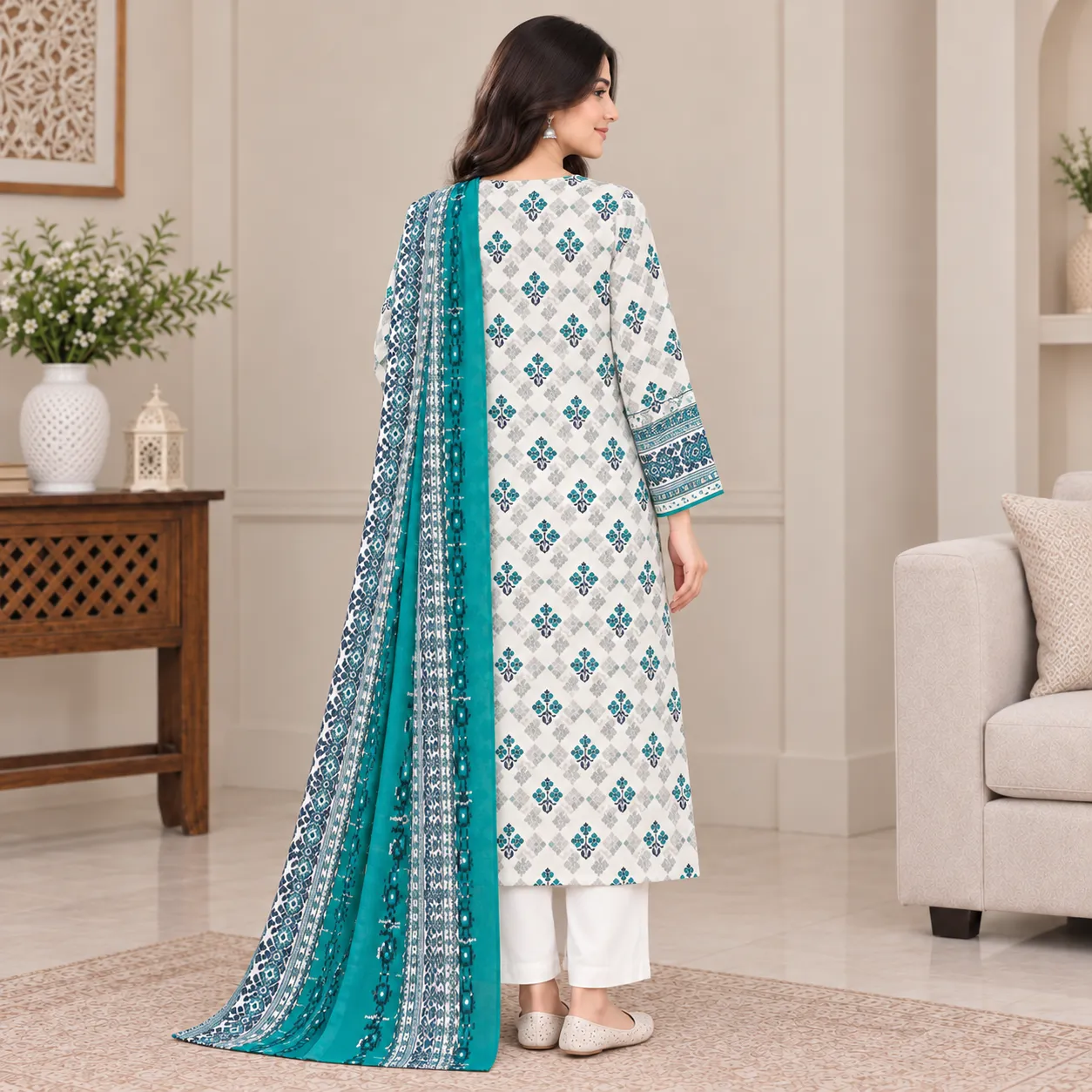 Zesh teal and white 3-piece printed lawn suit back view