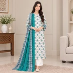 zesh teal and white 3-piece printed lawn suit