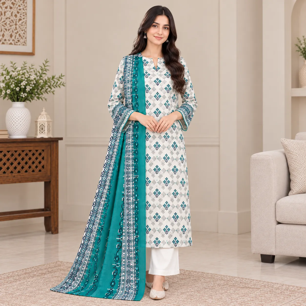 zesh teal and white 3-piece printed lawn suit
