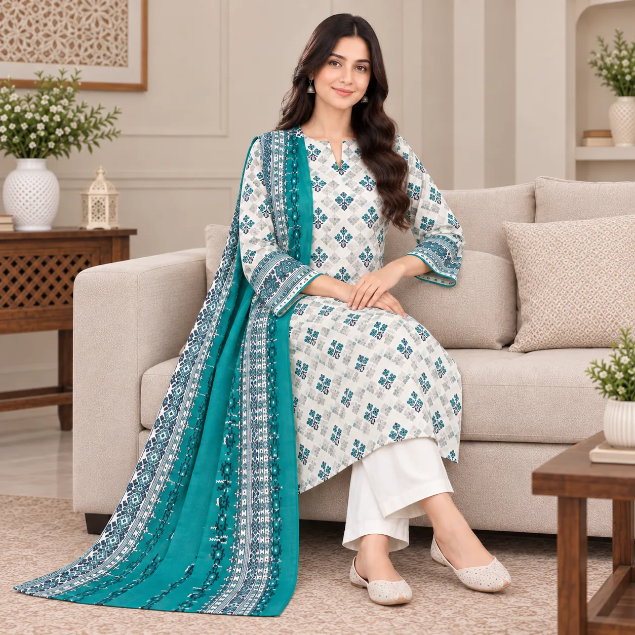 Model seated on sofa in Zesh teal and white 3-piece printed lawn suit