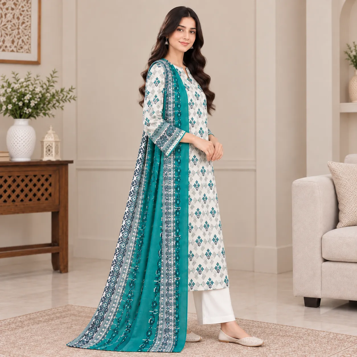 Zesh teal and white 3-piece printed lawn suit standing angled view