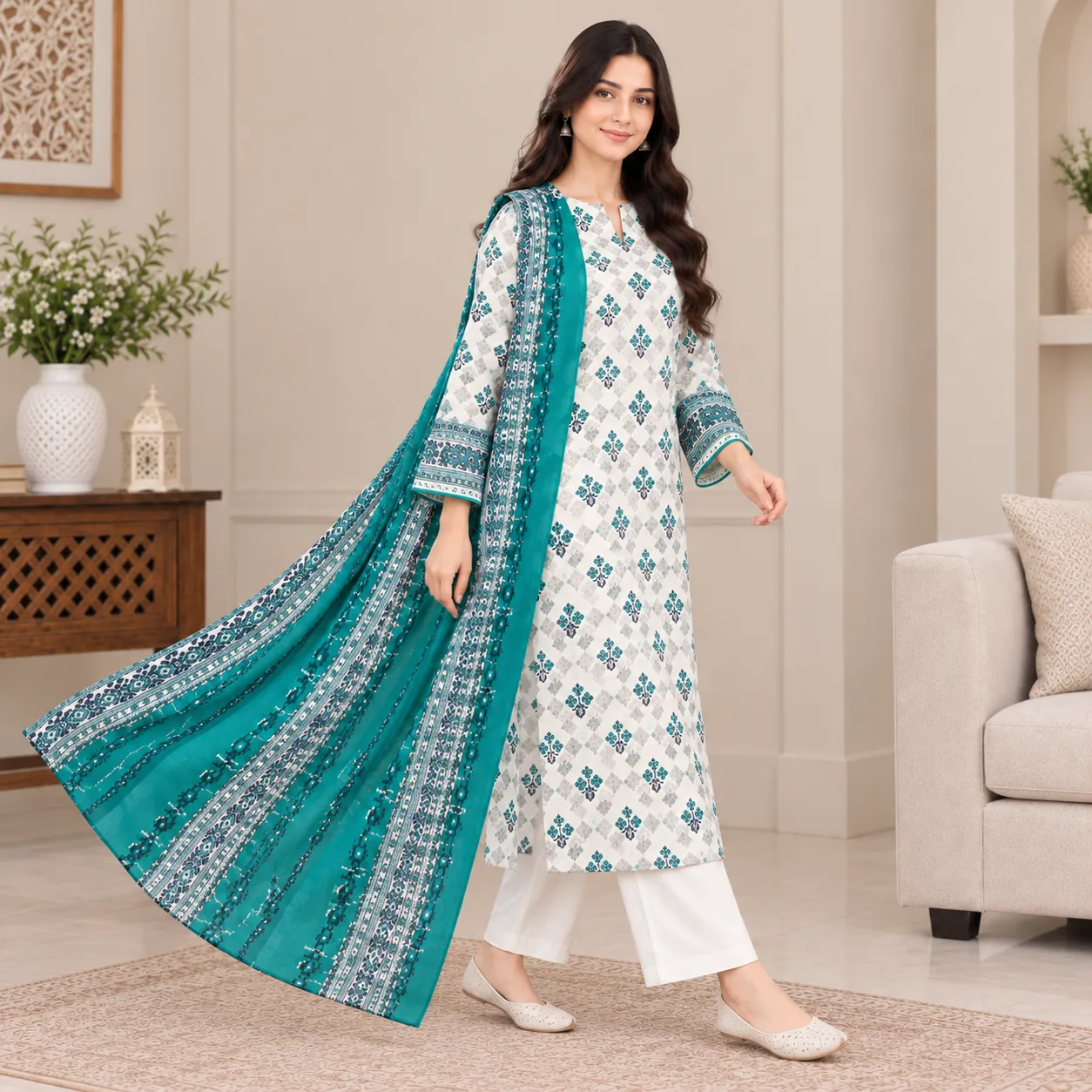 Model walking in Zesh teal and white 3-piece printed lawn suit